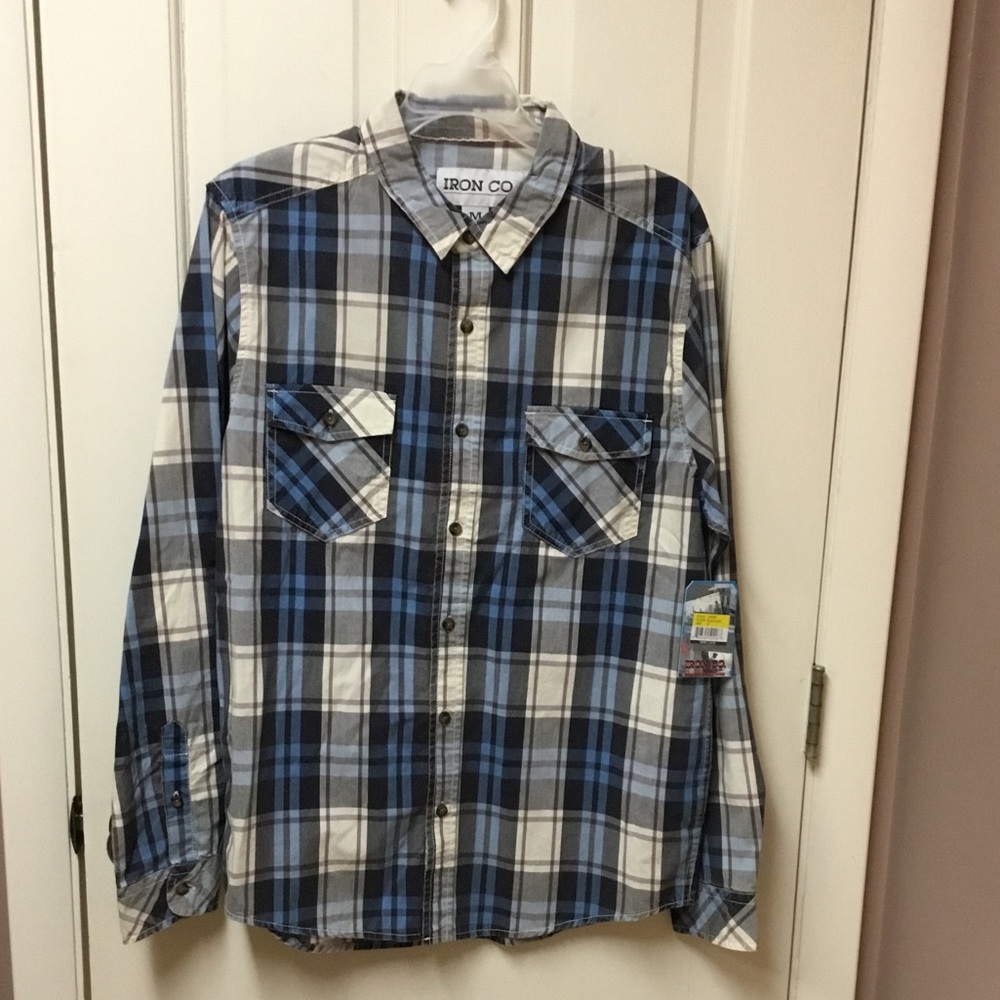 Men’s IRON CO Medium Blue Plaid button up NWT